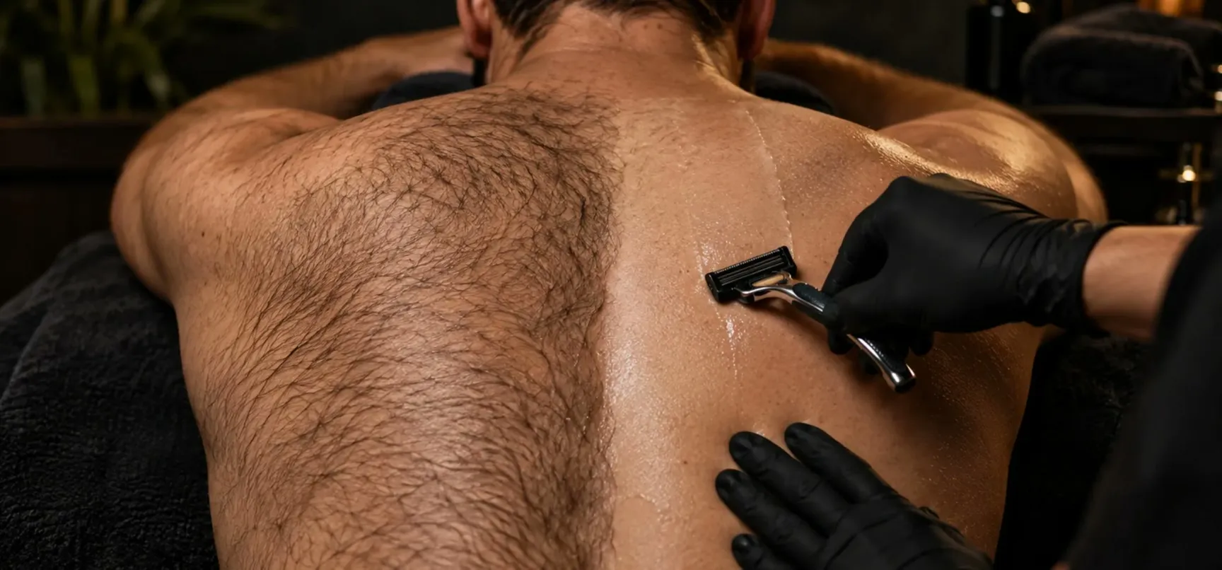 A back shave in progress in the private treatment room